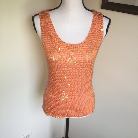 Mesmerize Tops - Orange Sequin Sleeveless Tank Top